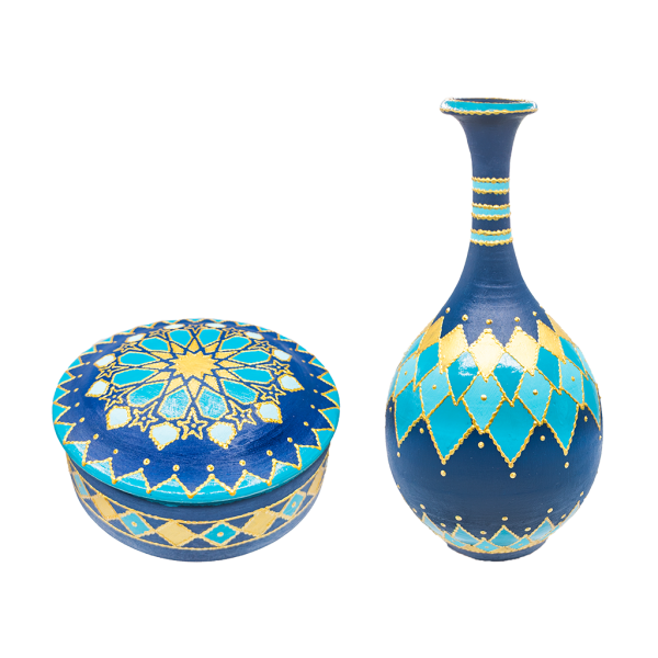 Ensemble vase et bonbonnière en terre cuite